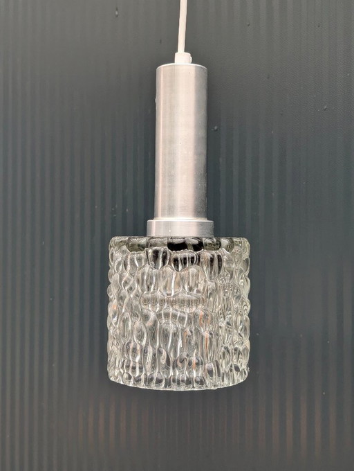 Lampada a sospensione vintage in vetro ghiacciato con supporto in alluminio