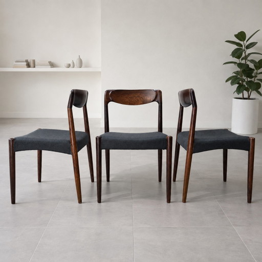 3x Vintage Danish Dyrlund Chairs Rosewood Reupholstered (Scandinavian Design) Mid Century – eetkamerstoelen, Wool