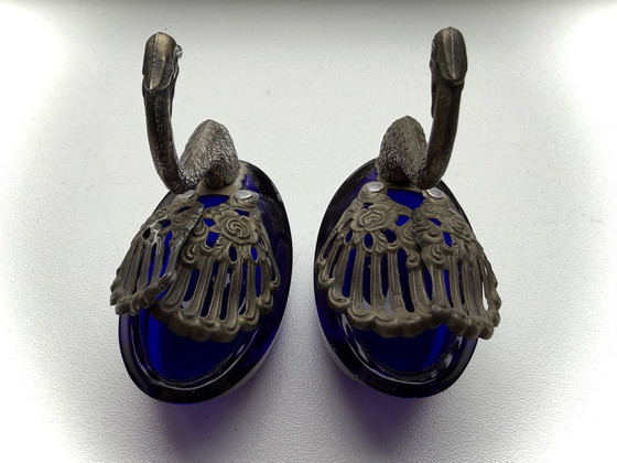 Image 1 of Zout & Specerijenhouder - zilver 800 - kobalt kristal - 1940/1950