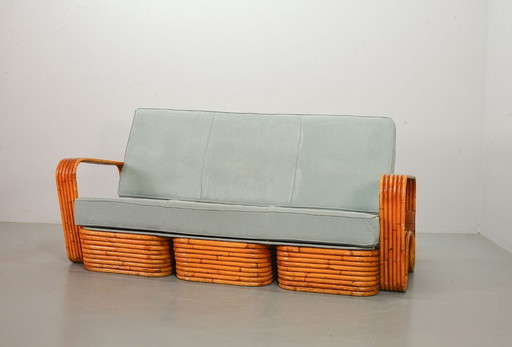 Fabulous Mid-Century Design Six Strand Rectangular Rattan 3-Seat Sofa with Frost Blue Fabric Cushions Attributed to Paul Frankl