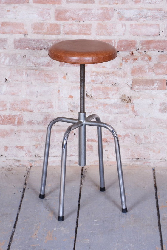 Original Bauhaus Swivel Chair, Chrome-Plated Steel, Leatherette, Czech, 1950s – Stools, Metal (photo 7 of 10)