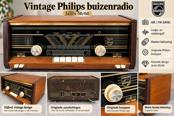 Vintage Philips radio 50s/60s – wooden casing – rare retro design – Decorative Objects, Metal, Plastic (photo 3 of 6)