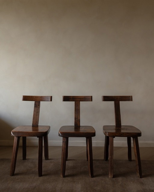 Vintage T Dining Chairs by Aranjou Set of 3, France (c.1960s) – Stained Elm, Brutalist Sculptural