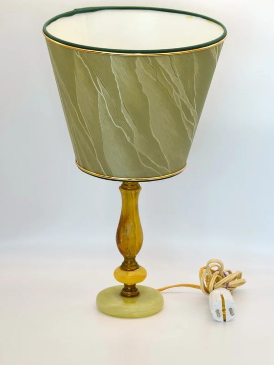 Image 1 of Lampada da tavolo vintage in marmo verde marrone e ottone - Illuminazione unica e retrò