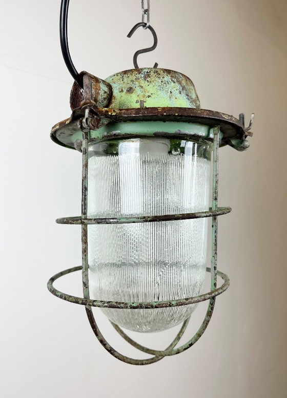 Image 1 of Green Industrial Soviet Bunker Pendant Light with Iron Grid, 1960s