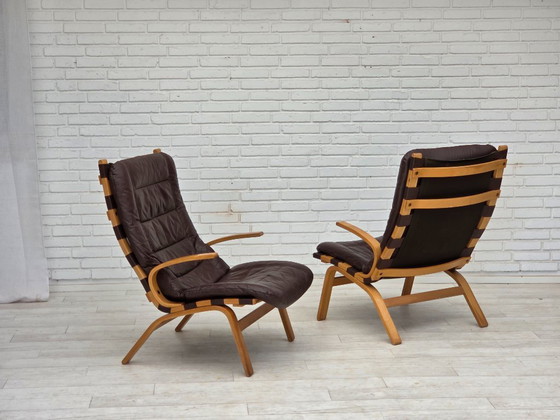 Image 1 of Anni '70, design danese di Farstrup, set di 2 poltrone, mobili in pelle, legno curvato.
