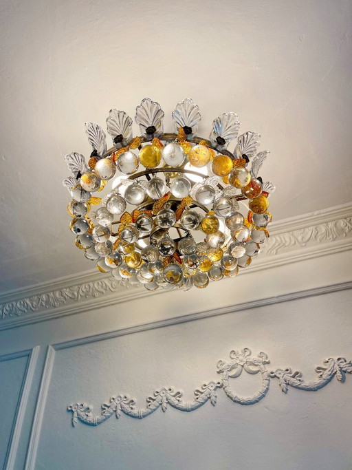 1960s Murano Glass Chandelier, Orange & Clear Glass Leaves, Solid Brass Spanish Vintage Ceiling Light