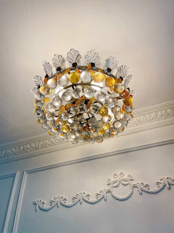 Image 1 of 1960s Murano Glass Chandelier, Orange & Clear Glass Leaves, Solid Brass Spanish Vintage Ceiling Light