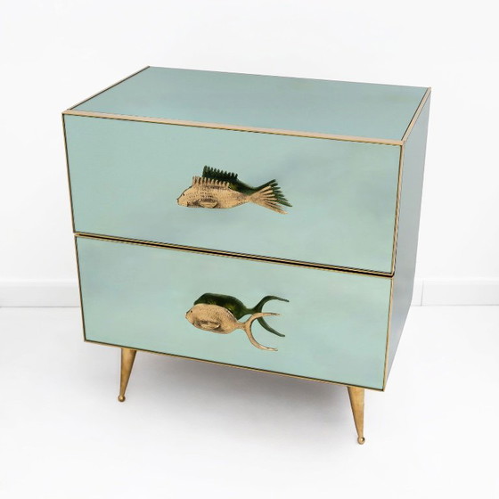 Pair Of Mid-Century Aqua Green Mirrored Glass Nightstands With Brass Fish Handle (photo 2 of 9)