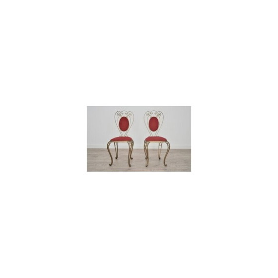 Image 1 of Pair of vintage patinated brass, wrought iron and velvet side chairs, 1970s