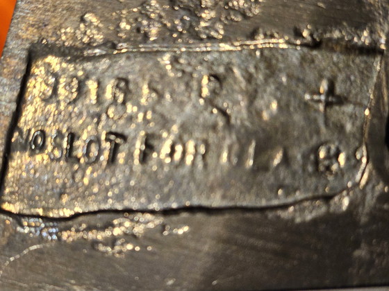 Image 1 of Art Deco lamp MCM 1960, probably bronze with Tiffany style glass shade.