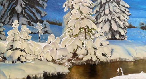 Original Oil Painting Stream Nature Landscape Snow Winter Forest – schilderijen tekeningen, Canvas (photo 2 of 7)