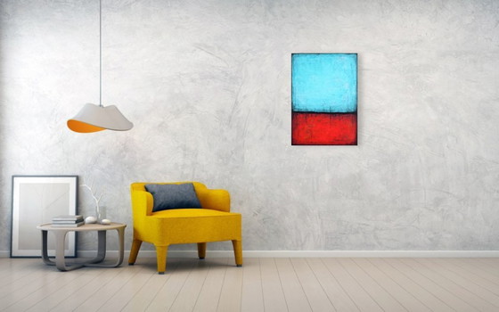 Image 1 of Blue and Red original minimalist abstract modern painting, stretched canvas