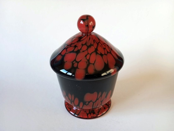 Image 1 of Rare bol à couvercle en verre Art-Déco noir/rouge "Tango" Kralik 1930S