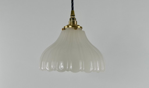 Elegant ribbed Holophane white glass ceiling lamp with brass shade holder