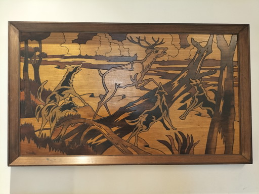 Cuadro de madera vintage de mediados de siglo de Michelli – Gran panel con escena de caza