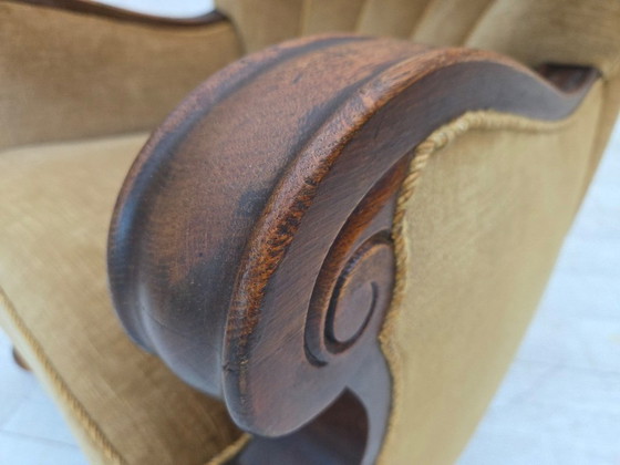 Image 1 of 1960s, Danish armchair, original green furniture velour, carved oak wood.
