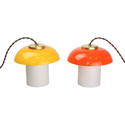 Pair of vintage glass and brass table lamps