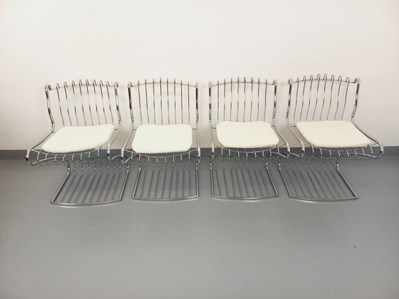 Image 1 of Suite van 4 Gastone Rinaldi Vintage Italiaanse stoelen in verchroomd metaal en Bouclettes stof uit de jaren 70