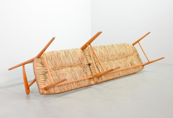 Image 1 of Large Mid-Century Design Spindle Back Bench with Rush Wickered Seatings in Style of Arno Lambrecht. Germany, 1950s. 