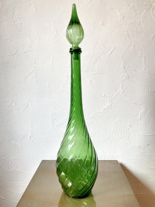 Grote groene glazen fles/karaf van Empoli, jaren 60.
