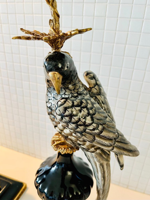 48 cm grote, enorme set - bronzen, porseleinen papegaai kandelaars, nieuwe kandelaars