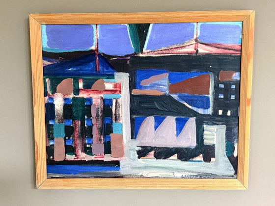 Image 1 of Peinture à l'huile originale abstraite des années 1950 « Abstract Metropolis » de Tore Hultcrantz