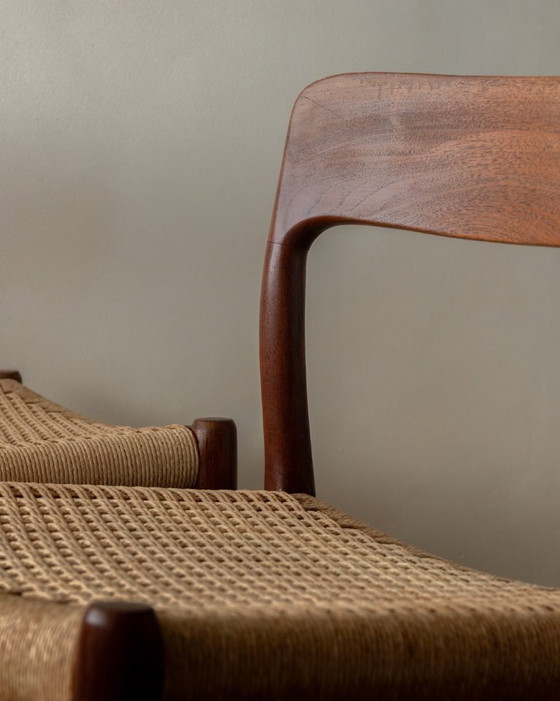 Image 1 of Vintage Danish Dining Chairs Model 75 by Niels Otto Møller for J.L. Møllers Møbelfabrik, Teak Paper Cord Chairs, 1950s, Set of 4