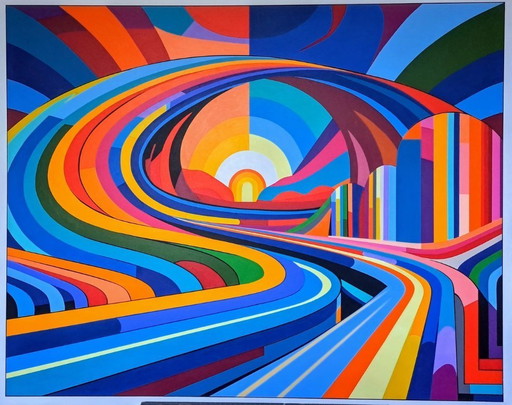 Lever du Soleil - farbenfrohes abstraktes Gemälde von Franklin van Dam - Acryl auf MDF - 105 × 84 cm
