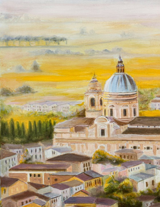Image 1 of Cuadro de Asís en Italia. Cuadro de Paisaje Urbano. Paisaje al Óleo. Asís Pintado al Óleo. Pintura al Óleo de Asís en Italia.