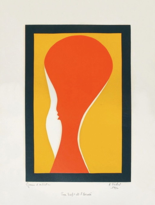 André VERDET Puro profilo dell'amata Linoleografia firmata 1972