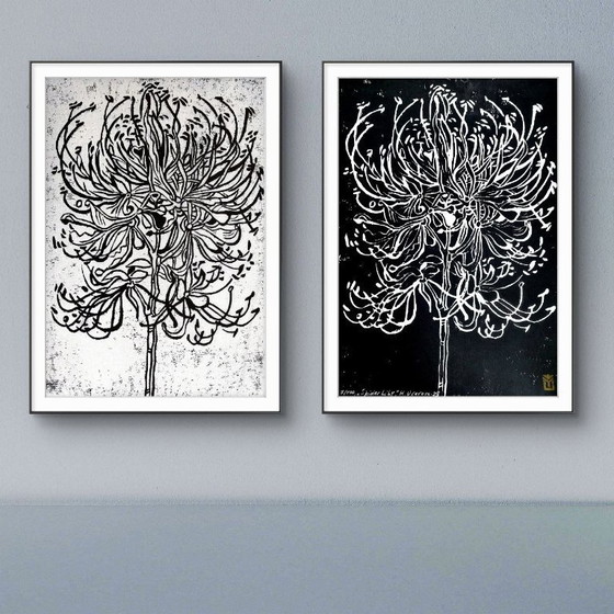 Image 1 of Spider Lily Diptych Linocut – A3 Botanical Print Set