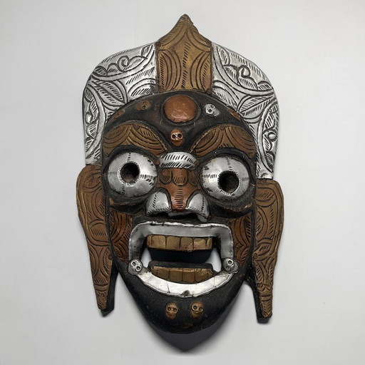Vintage Nepal/Tibet wandmasker in Bhairava/Mahakala-stijl – hout en metaal