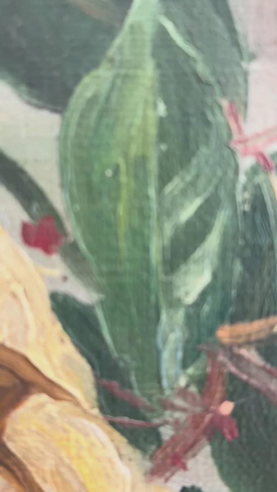Image 1 of Peinture à l'huile originale ancienne représentant une nature morte de roses jaunes.