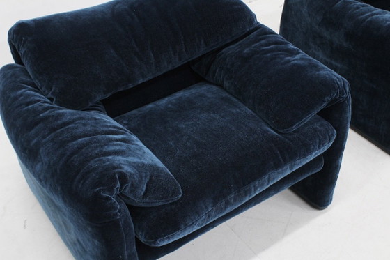 Poltrone Cassina Maralunga di Vico Magistretti, set di 2, Velluto, Blu, Vintage (foto 8 di 11)