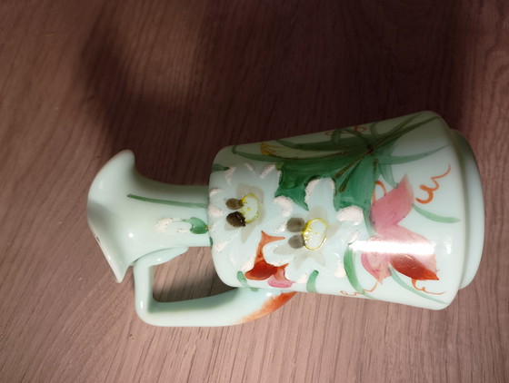 Image 1 of Rare small Legras pitcher in Art Nouveau uranium glass with beaded enamel, 13 cm tall.