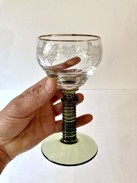 Image 1 of 7 Roemer Alsace wine glasses, moss green stepped stems and gold rim