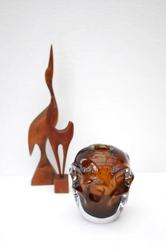 Image 1 of Mid-century modern biomorphic-shaped handmade crystal vase in amber and brown attributed to Börne Augustsson for Åseda, Sweden
