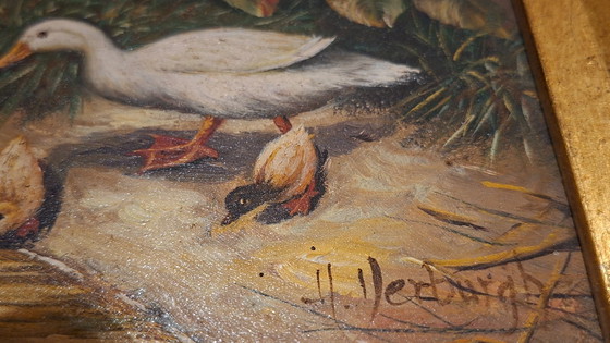 Image 1 of Topstuk: Authentieke Jan Hendrik Verburgh – "Familie Eenden" – Monumentale 19e-eeuwse Biggs & Sons Lijst