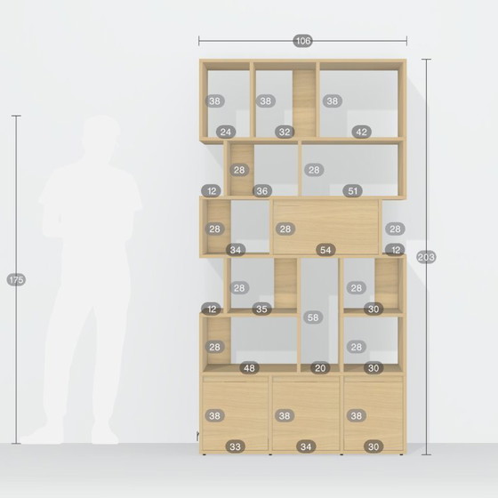 Image 1 of Bibliothèque Tylko en chêne avec 1 porte et 3 tiroirs