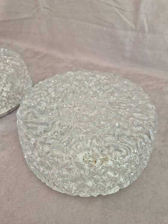 Image 1 of Pair of Glashütte Limburg 2791 Textured Ice Glass Flush Mount Ceiling / Wall Lights, Black Base, E27, Ø24.5 cm, Germany