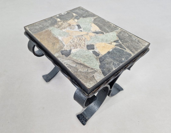 Image 1 of Bijzettafel van smeedijzer en leisteen | jaren 60