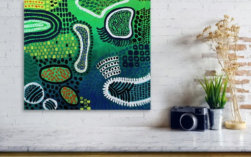 Modern abstract green, yellow, purple and orange mixed media painting