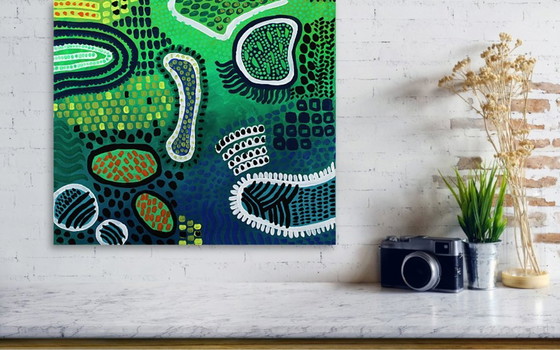 Image 1 of Modern abstract green, yellow, purple and orange mixed media painting