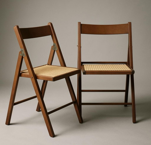 4 x Mid-Century wooden cane folding chairs - Italian design with webbing cane 