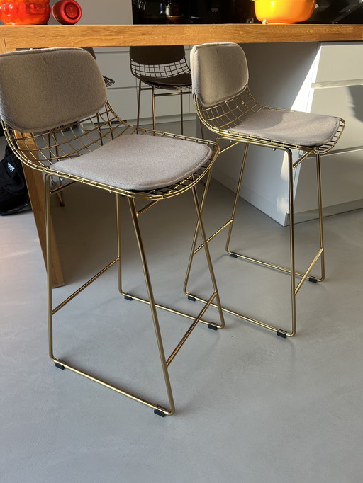 4 x HK Living Tabouret de bar en fil de fer laiton + coussin d'assise (47x42x89)