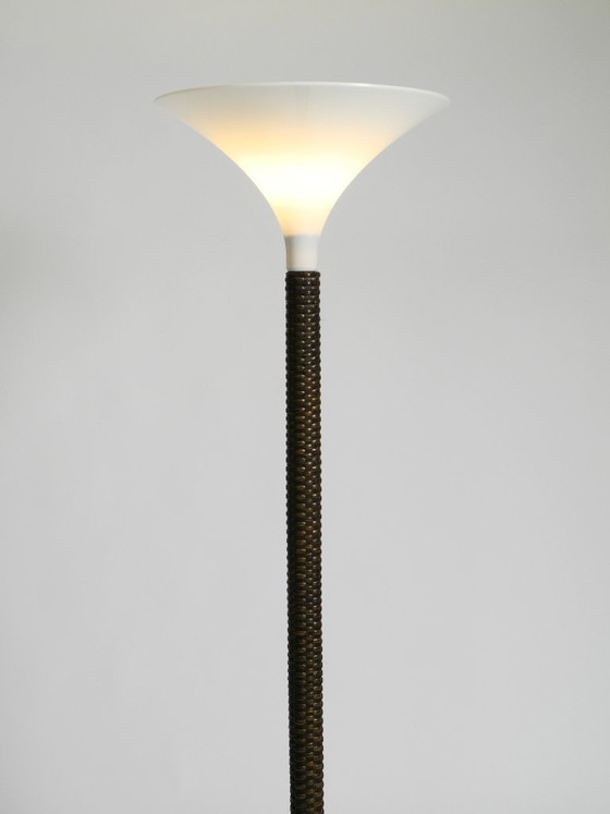 Image 1 of Stunningly beautiful XXL 1970s Pop Art Tulip floor lamp with a dark brown wicker frame and a plexiglass shade