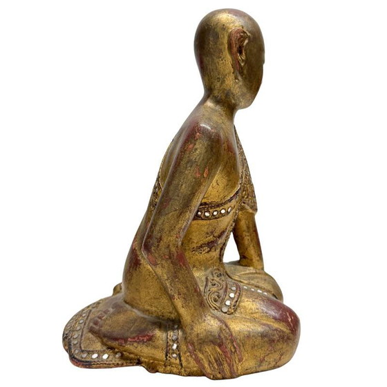Antique Burmese Monk Statue – Hand-carved Teak Wood with Gold Leaf – 26 cm – Sculpture, Glass (photo 3 of 10)