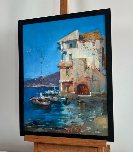 Original Oil Painting Coastal City Landscape Waiting for the tide