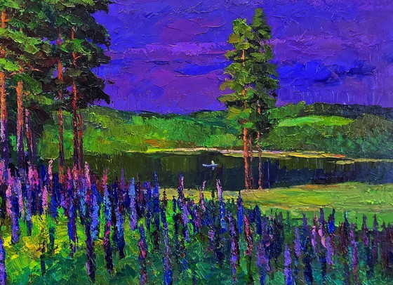 Image 1 of Dipinto ad olio originale: Paesaggio naturale, prato, lago, fiori vicino alla foresta.